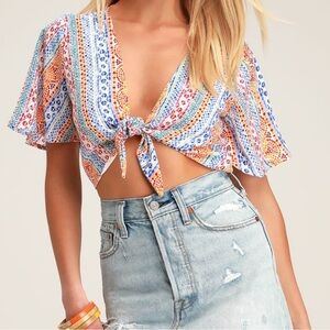 Lulu's Multicolor Tie-Front Crop Top - Blue, Orange, Pink Medium